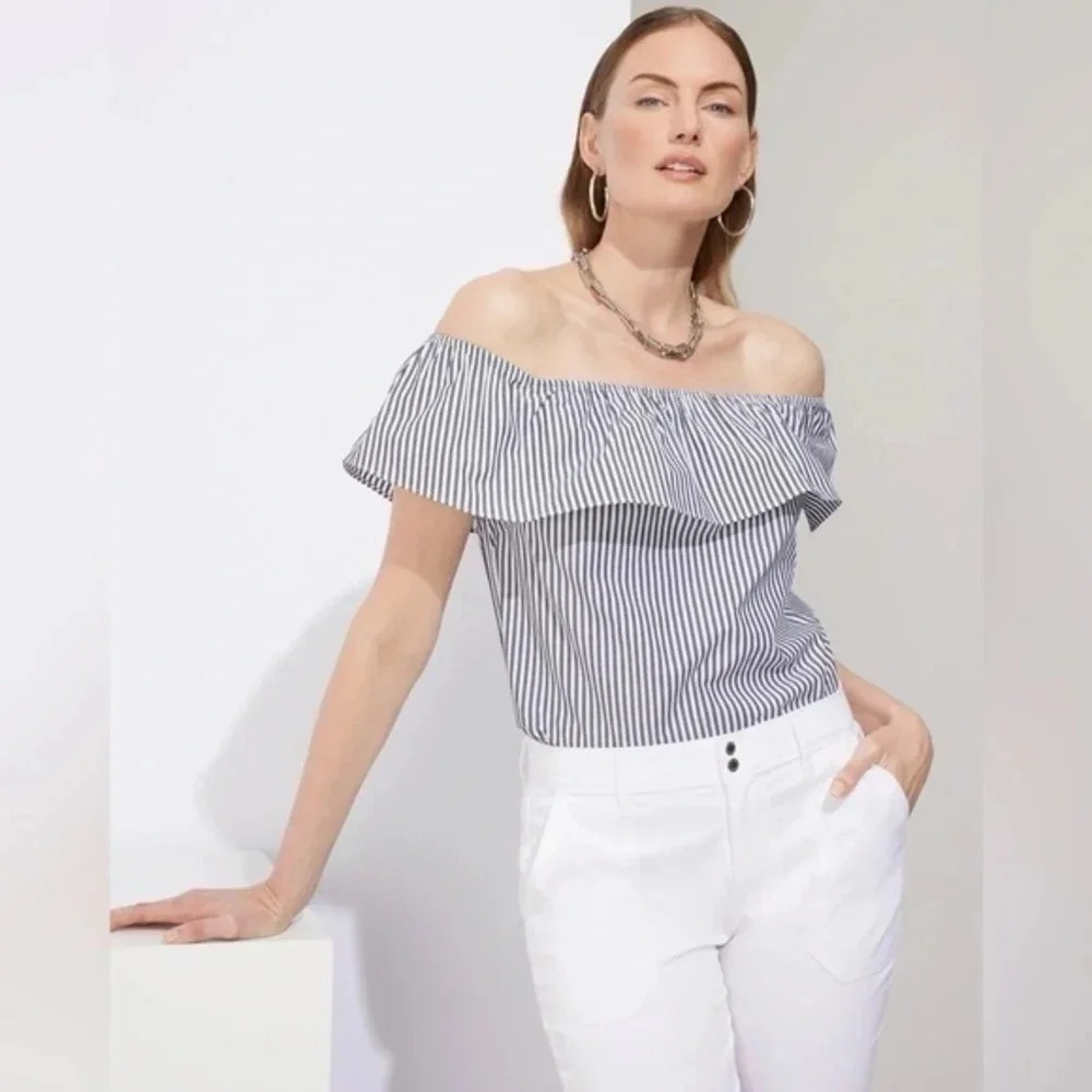 White House Black Market WHBM Striped Off-The-Shoulder Blouse Size M NWT